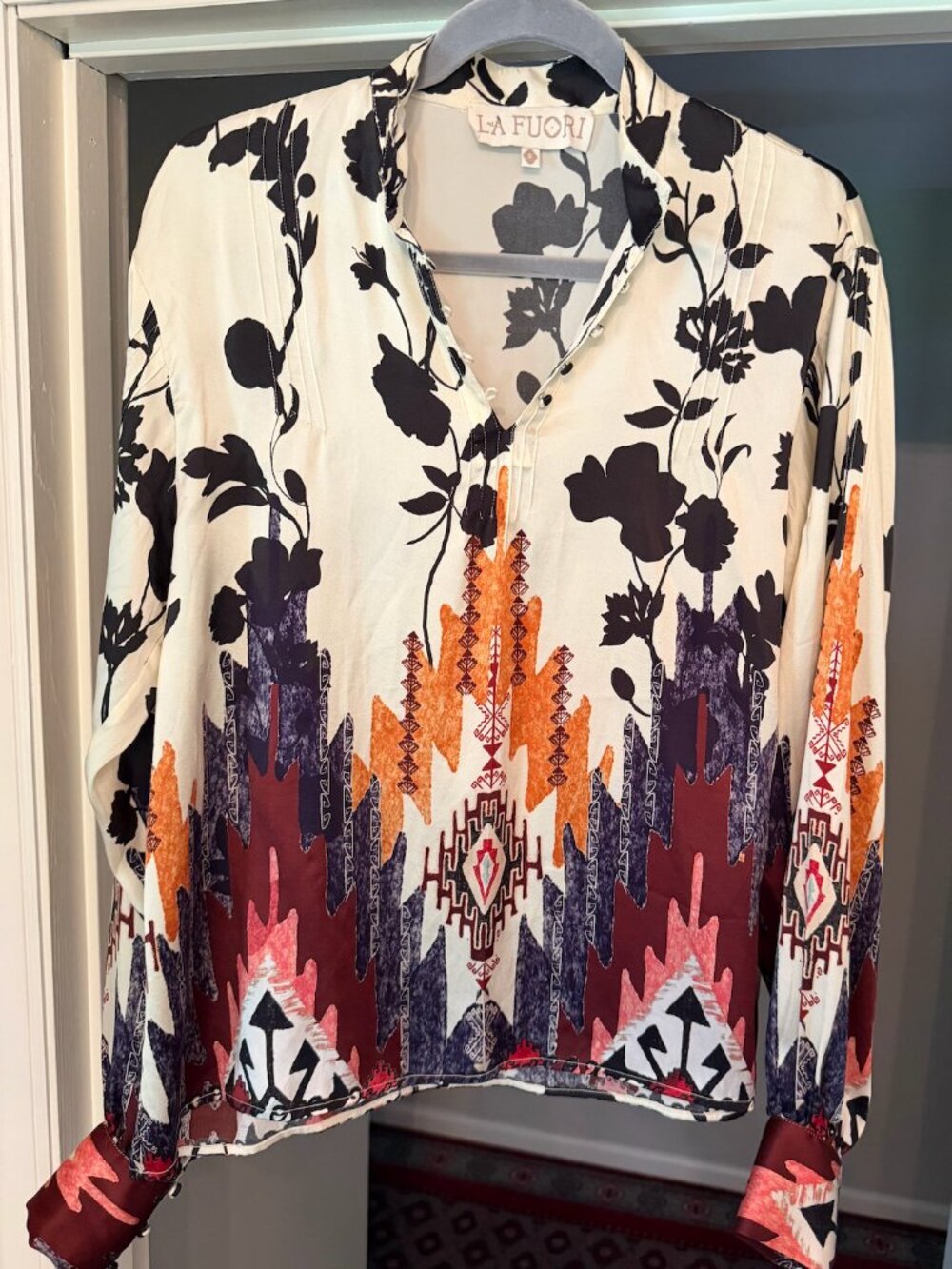 La Fiori 100% Silk Boho Print Blouse | Size S | Made in India